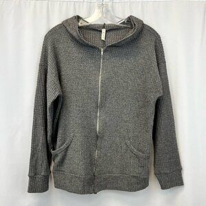 MTS Womens Hoodie Sweatshirt Gray Solid Pockets Full Zip Front Waffle Knit USA S